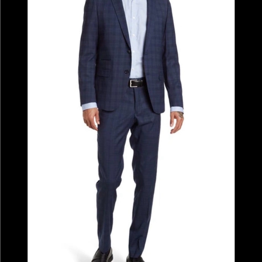 Savile Row Strand Navy Blue Plaid 2 Button Notched Lapel Checkered Jacket
